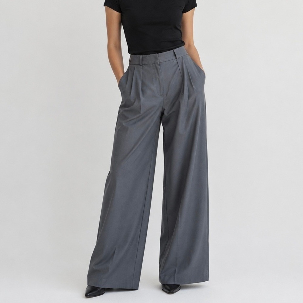 The Frankie Shop Ripley Pleated Wide Leg Knit Trousers Grey Wool Blend Sz Large